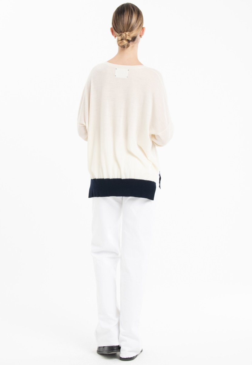 Pull col V oversize ultrafin cachemire et laine blanc/vert/bleu marine femme - KELLY 10 - Studio cashmere8