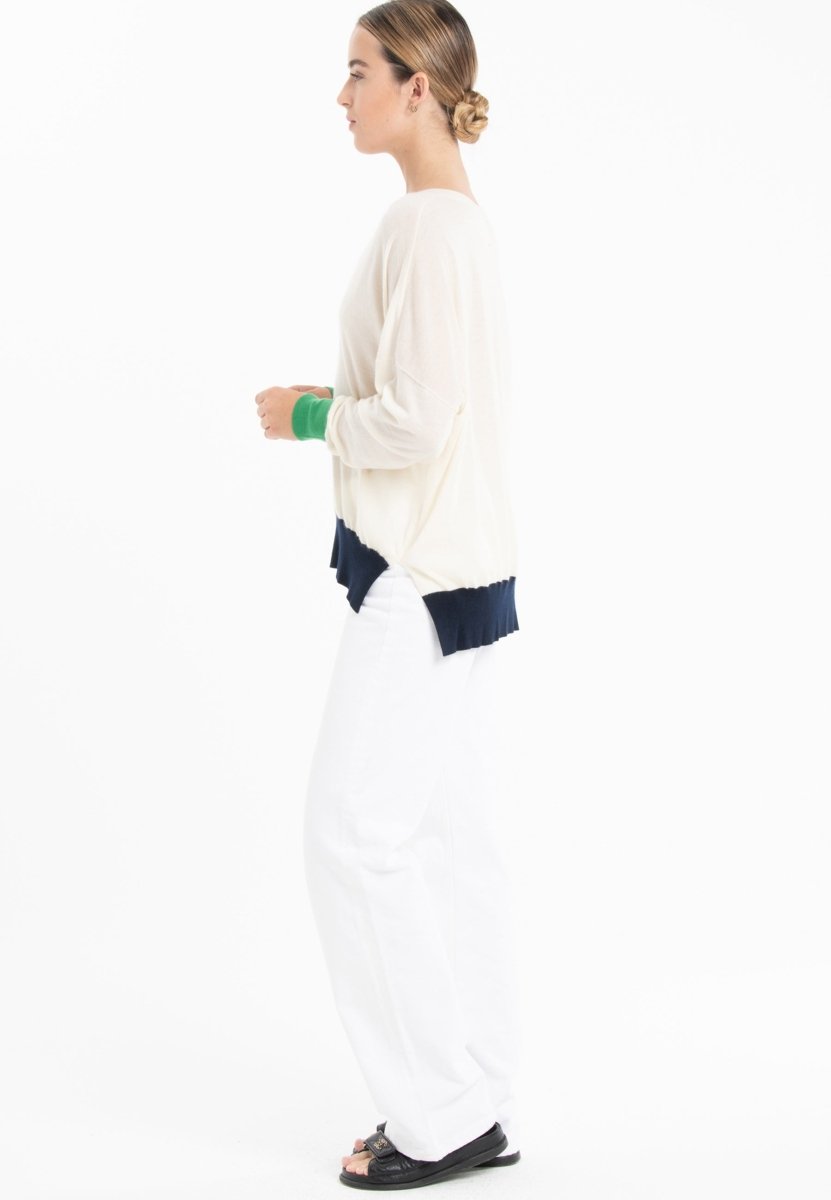 Pull col V oversize ultrafin cachemire et laine blanc/vert/bleu marine femme - KELLY 10 - Studio cashmere8