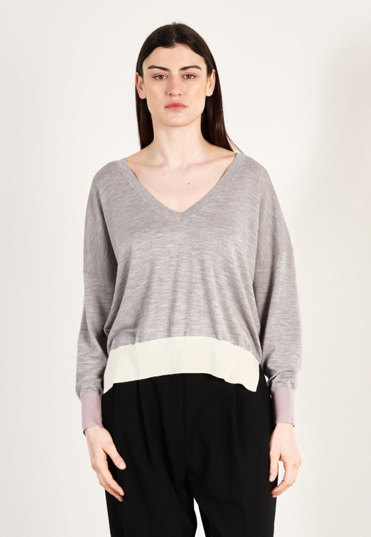 Pull col V oversize ultrafin cachemire et laine gris/violet/blanc femme - KELLY 10 - Studio cashmere8