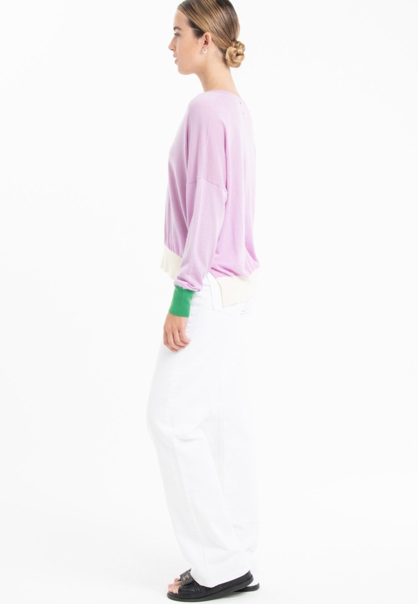 Pull col V oversize ultrafin cachemire et laine lavande/vert/blanc femme - KELLY 10 - Studio cashmere8