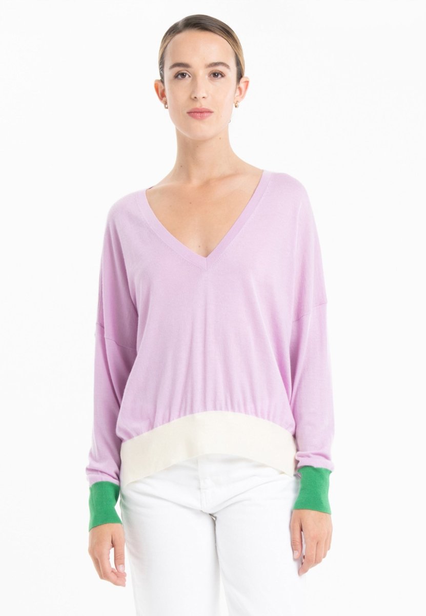 Pull col V oversize ultrafin cachemire et laine lavande/vert/blanc femme - KELLY 10 - Studio cashmere8