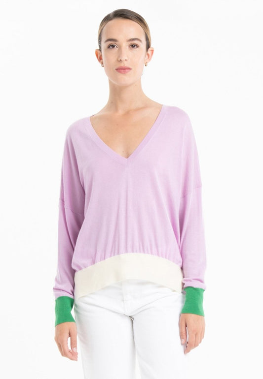 Pull col V oversize ultrafin cachemire et laine lavande/vert/blanc femme - KELLY 10 - Studio cashmere8
