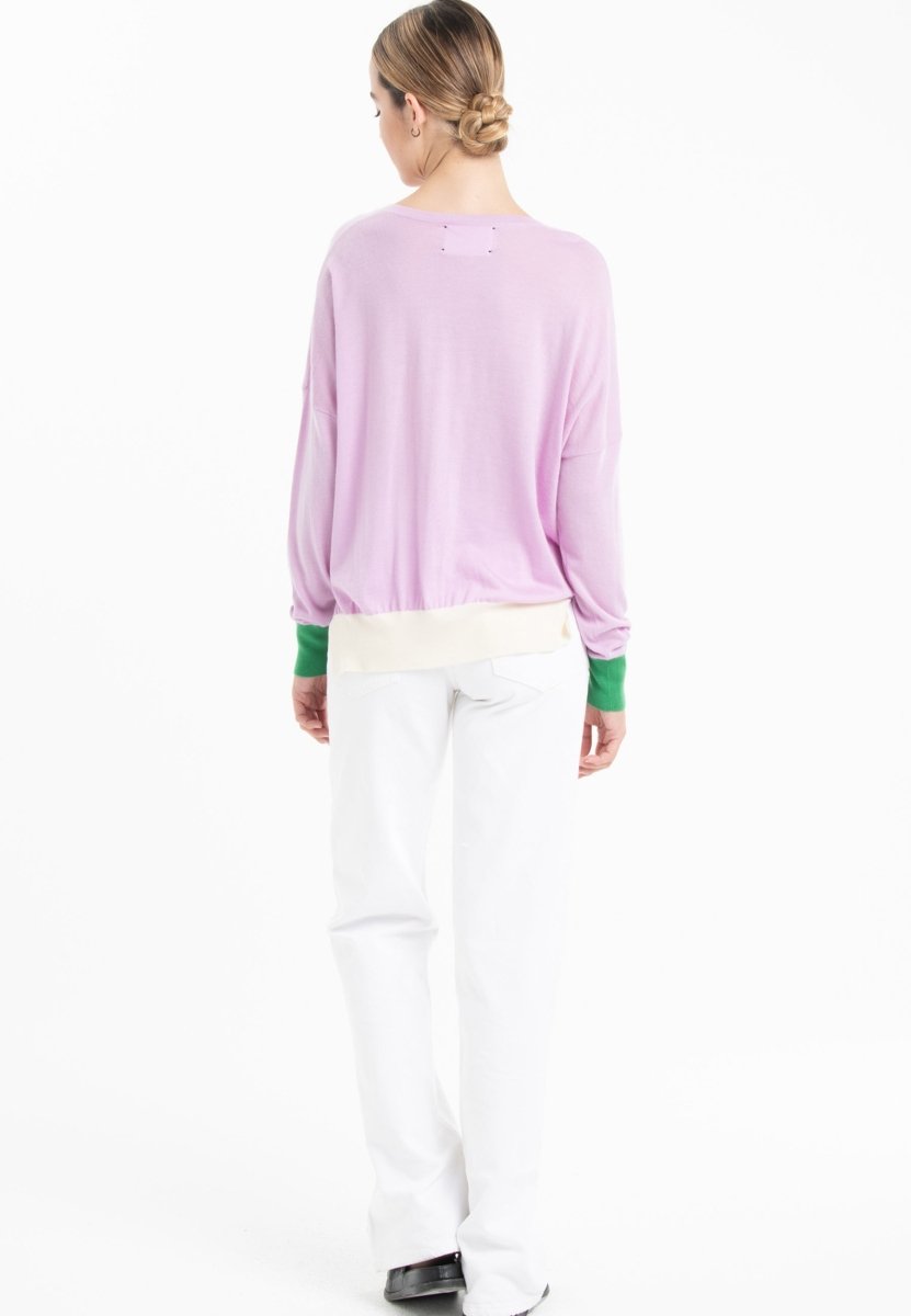Pull col V oversize ultrafin cachemire et laine lavande/vert/blanc femme - KELLY 10 - Studio cashmere8