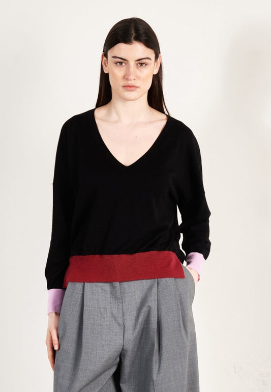 Pull col V oversize ultrafin cachemire et laine noir/lavande/rouge femme - KELLY 10 - Studio cashmere8