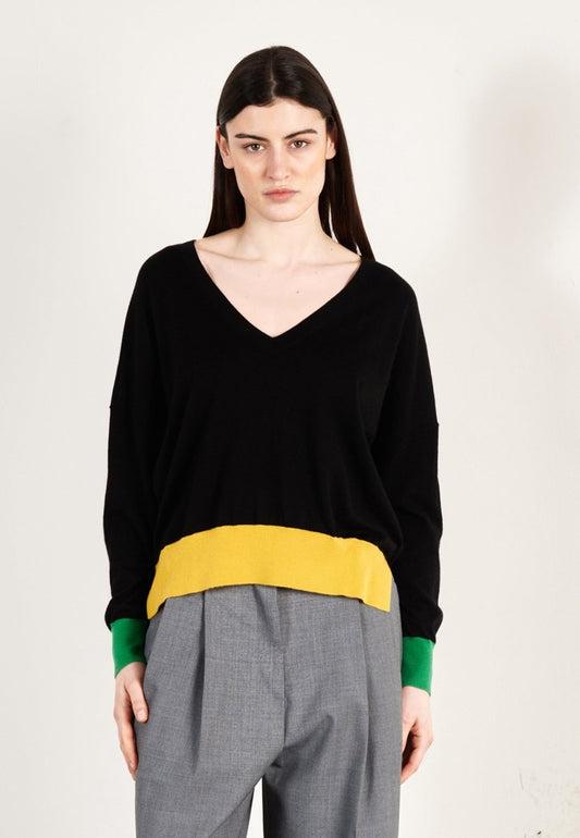 Pull col V oversize ultrafin cachemire et laine noir/vert/jaune femme - KELLY 10 - Studio cashmere8