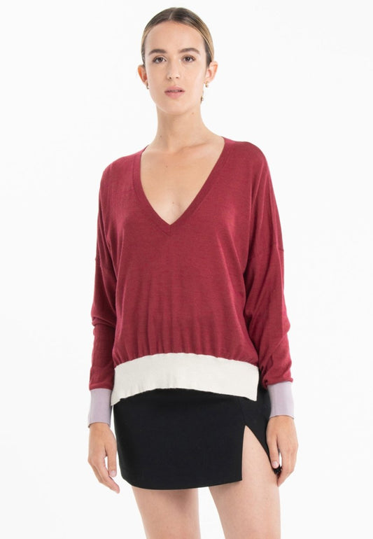 Pull col V oversize ultrafin cachemire et laine rouge/violet/blanc femme - KELLY 10 - Studio cashmere8