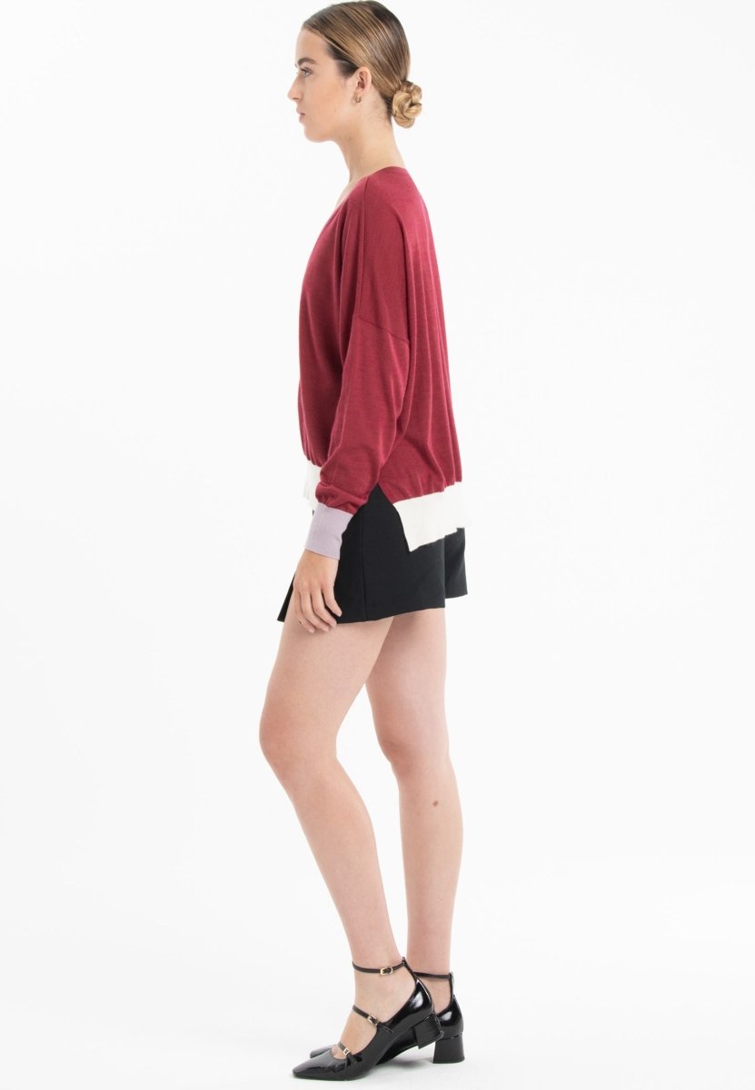 Pull col V oversize ultrafin cachemire et laine rouge/violet/blanc femme - KELLY 10 - Studio cashmere8