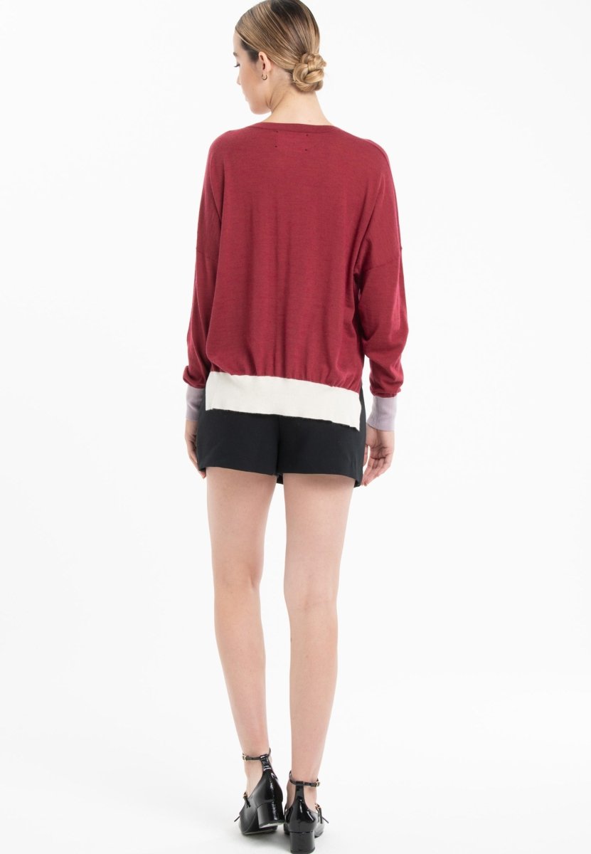 Pull col V oversize ultrafin cachemire et laine rouge/violet/blanc femme - KELLY 10 - Studio cashmere8