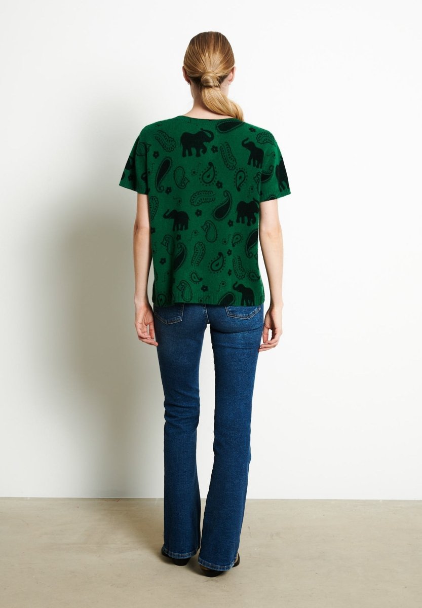 RIA 6 T-shirt col V en cachemire imprimé éléphant vert émeraude - Studio cashmere8