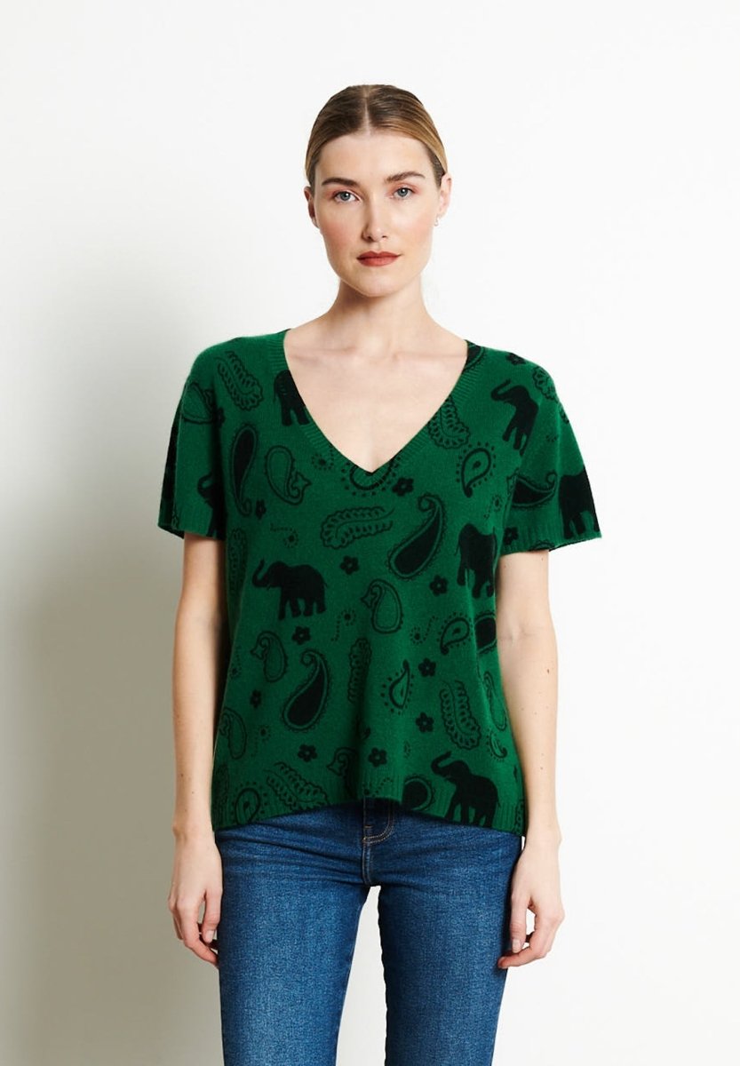 RIA 6 T-shirt col V en cachemire imprimé éléphant vert émeraude - Studio cashmere8