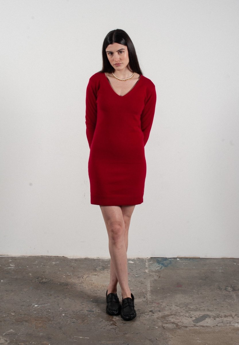 Robe col V femme en cachemire rouge - LILLY 10 - Studio Cashmere8