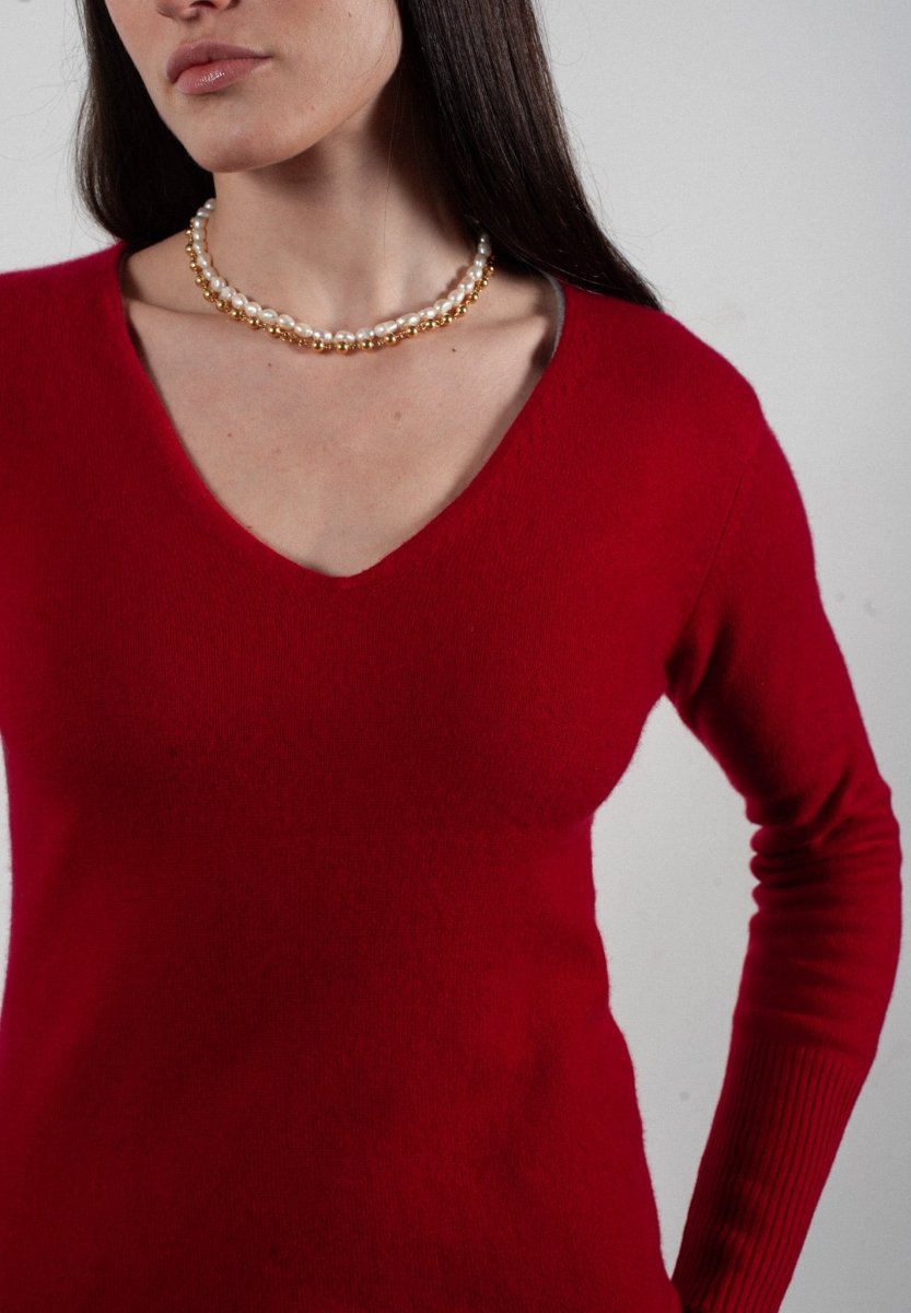 Robe col V femme en cachemire rouge - LILLY 10 - Studio Cashmere8