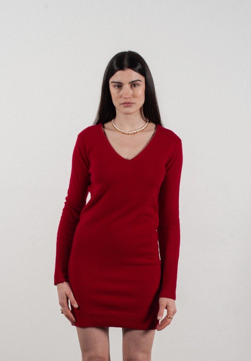 Robe col V femme en cachemire rouge - LILLY 10 - Studio Cashmere8