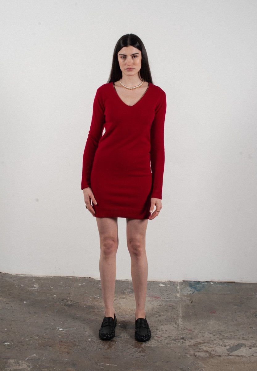 Robe col V femme en cachemire rouge - LILLY 10 - Studio Cashmere8