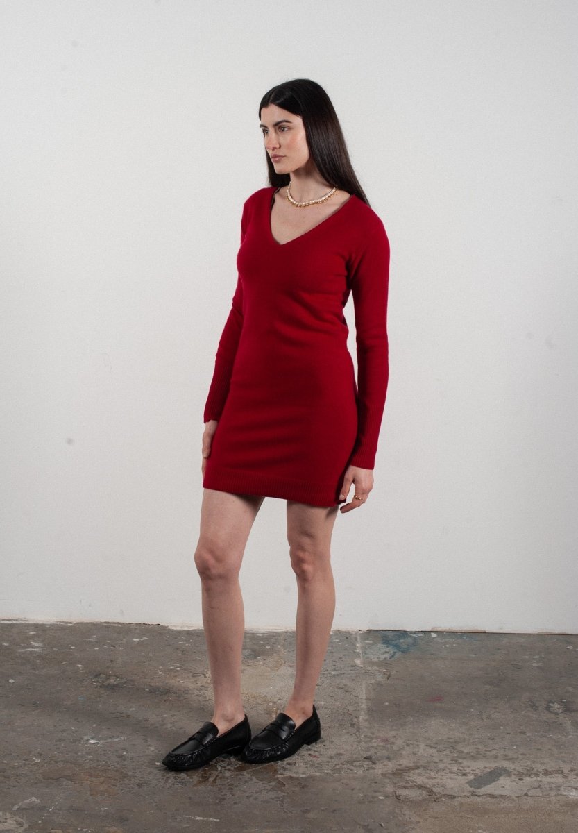 Robe col V femme en cachemire rouge - LILLY 10 - Studio Cashmere8