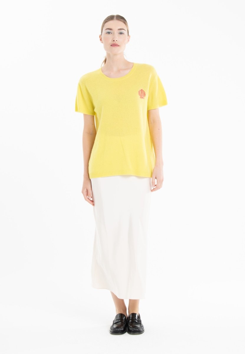 T-shirt col rond cachemire jaune fluo brodé femme - KELLY 15 - Studio cashmere8