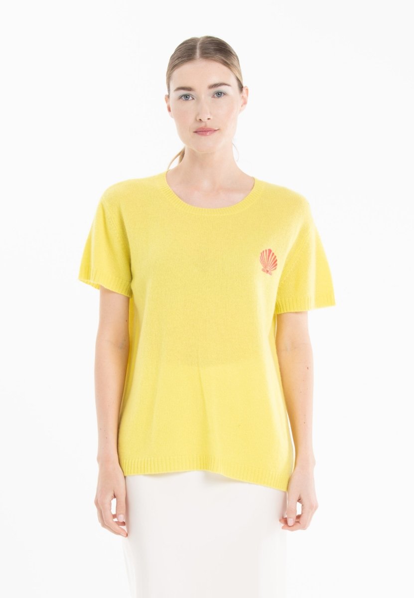 T-shirt col rond cachemire jaune fluo brodé femme - KELLY 15 - Studio cashmere8