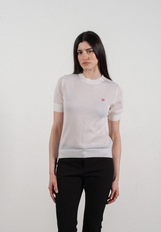 T-shirt col rond manches courtes femme en cachemire et laine ajouré ultrafin blanc - FRIDA 8 - Studio cashmere8