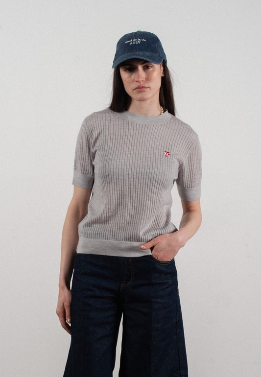T-shirt col rond manches courtes femme en cachemire et laine ajouré ultrafin gris clair - FRIDA 8 - Studio cashmere8