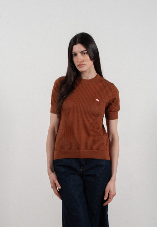 T-shirt col rond manches courtes femme en cachemire et laine ajouré ultrafin marron clair - FRIDA 8 - Studio cashmere8