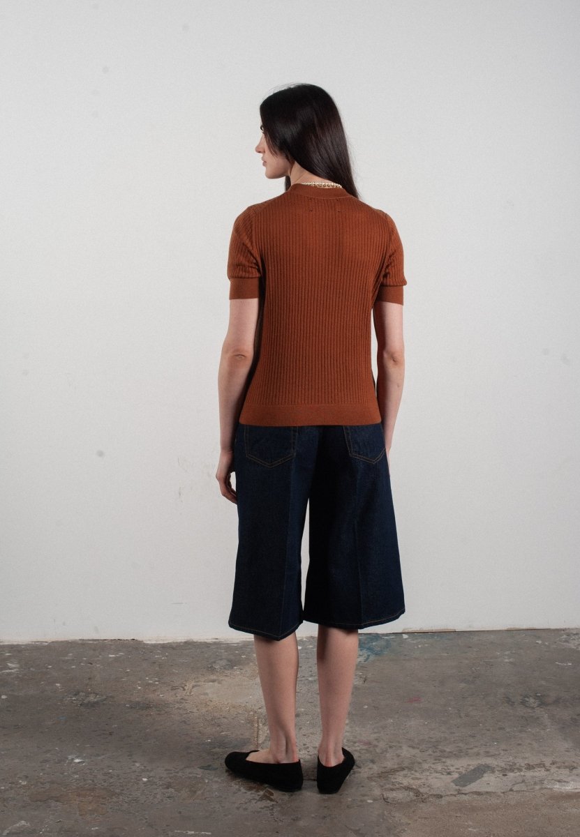 T-shirt col rond manches courtes femme en cachemire et laine ajouré ultrafin marron clair - FRIDA 8