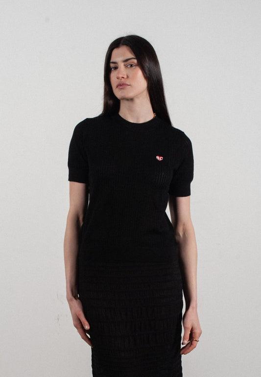 T-shirt col rond manches courtes femme en cachemire et laine ajouré ultrafin noir - FRIDA 8 - Studio cashmere8