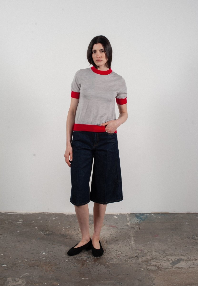 T-shirt col rond manches courtes femme en cachemire et laine ultrafin gris clair & rouge - FRIDA 12