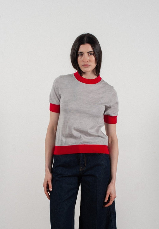 T-shirt col rond manches courtes femme en cachemire et laine ultrafin gris clair & rouge - FRIDA 12 - Studio cashmere8