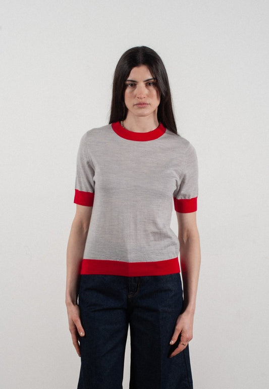 T-shirt col rond manches courtes femme en cachemire et laine ultrafin gris clair & rouge - FRIDA 7 - Studio cashmere8