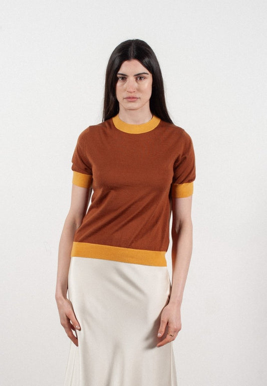 T-shirt col rond manches courtes femme en cachemire et laine ultrafin marron clair & jaune - FRIDA 12 - Studio cashmere8
