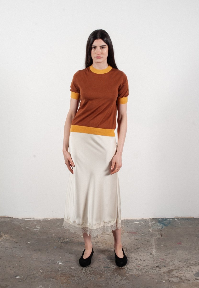 T-shirt col rond manches courtes femme en cachemire et laine ultrafin marron clair & jaune - FRIDA 12
