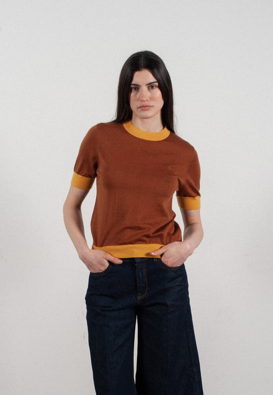 T-shirt col rond manches courtes femme en cachemire et laine ultrafin marron clair & jaune - FRIDA 7 - Studio cashmere8