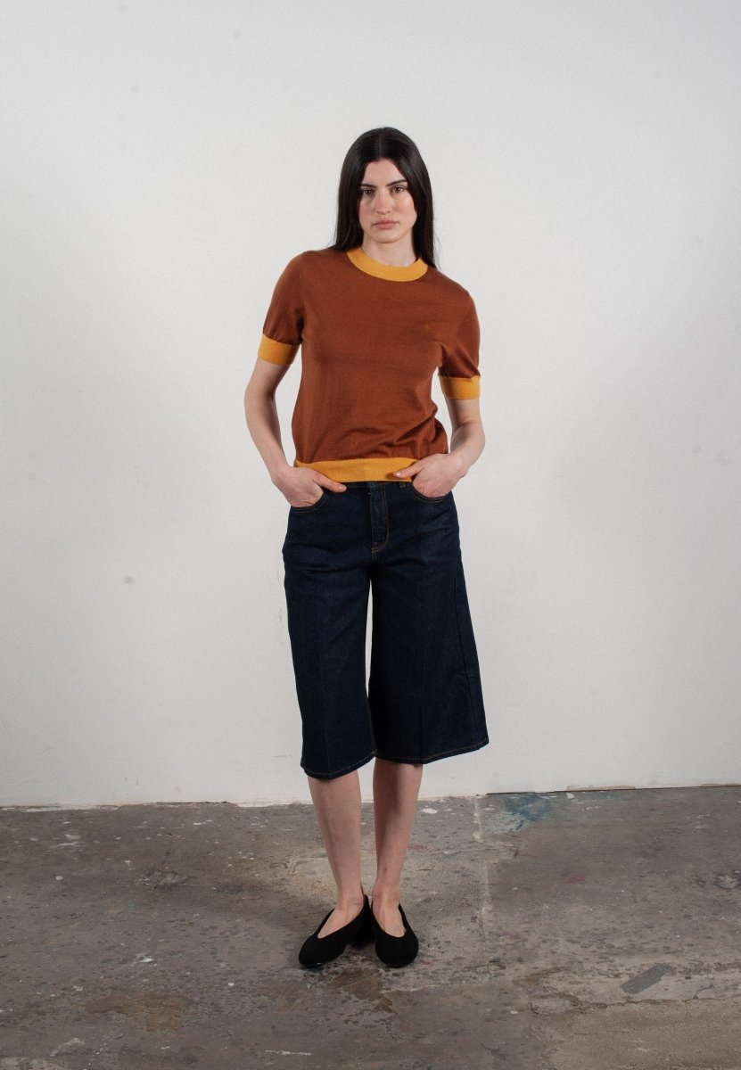 T-shirt col rond manches courtes femme en cachemire et laine ultrafin marron clair & jaune - FRIDA 7