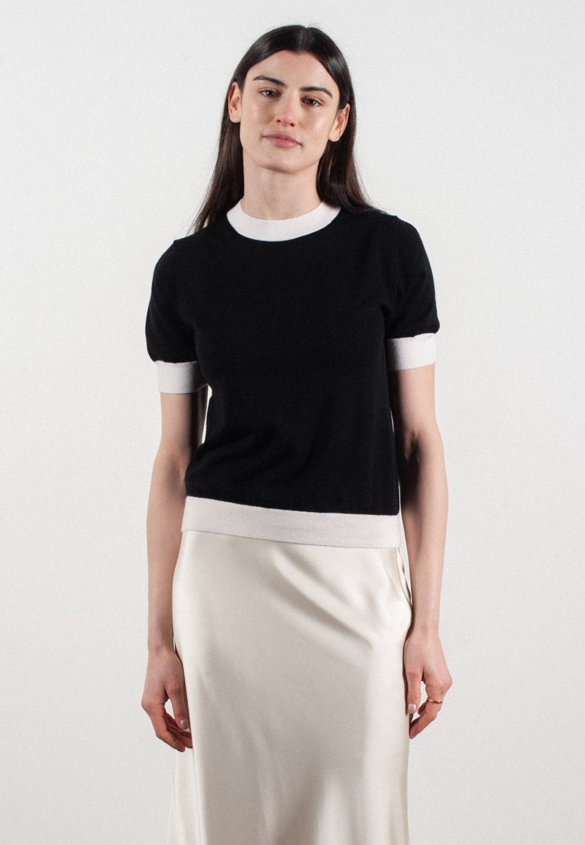 T-shirt col rond manches courtes femme en cachemire et laine ultrafin noir & blanc - FRIDA 12
