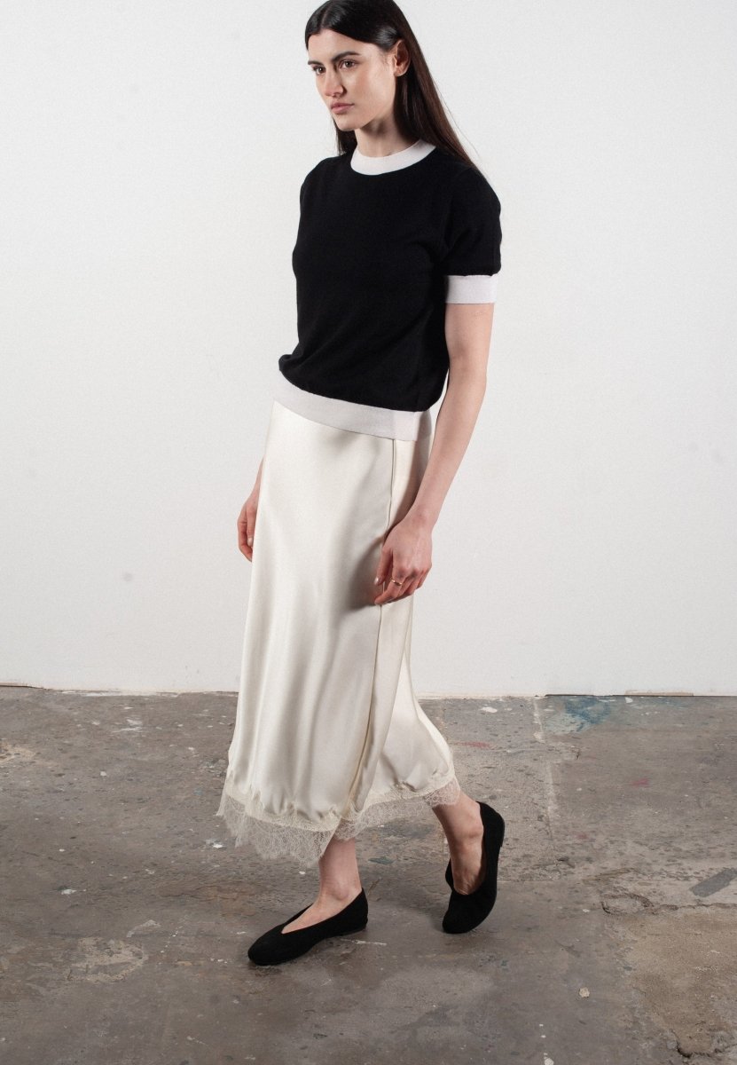 T-shirt col rond manches courtes femme en cachemire et laine ultrafin noir & blanc - FRIDA 12
