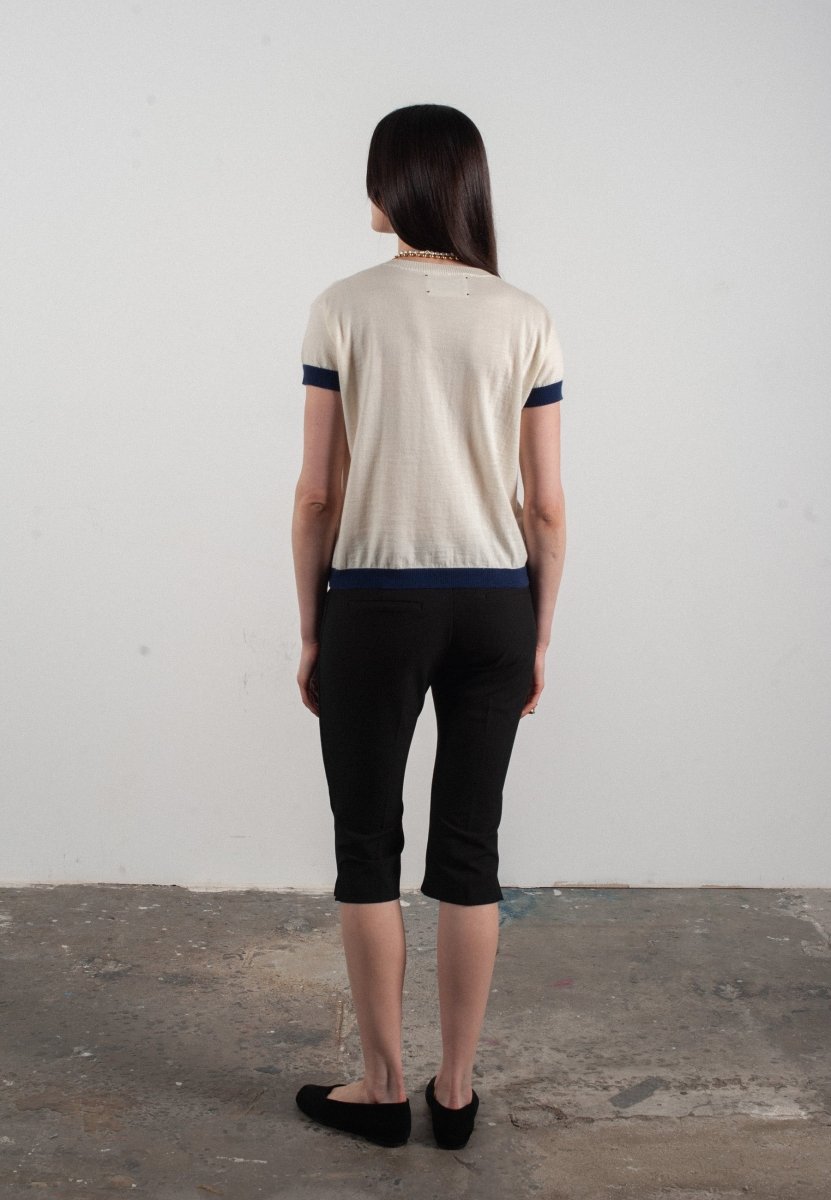 T shirt col rond manches courtes femme en cachemire & laine ultrafin blanc & bleu marine - KELLY 1 - Studio cashmere8