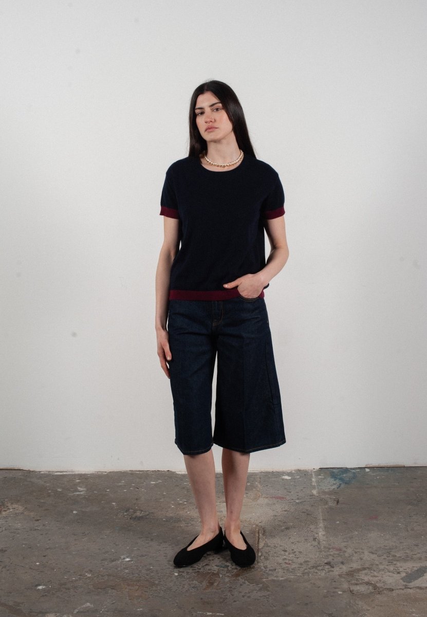 T shirt col rond manches courtes femme en cachemire & laine ultrafin bleu marine & rouge bordeaux - KELLY 1 - Studio cashmere8