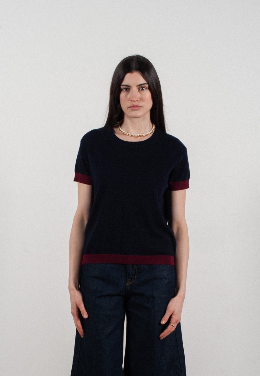 T shirt col rond manches courtes femme en cachemire & laine ultrafin bleu marine & rouge bordeaux - KELLY 1 - Studio cashmere8