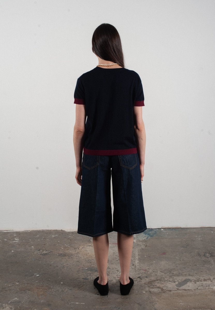 T shirt col rond manches courtes femme en cachemire & laine ultrafin bleu marine & rouge bordeaux - KELLY 1 - Studio cashmere8