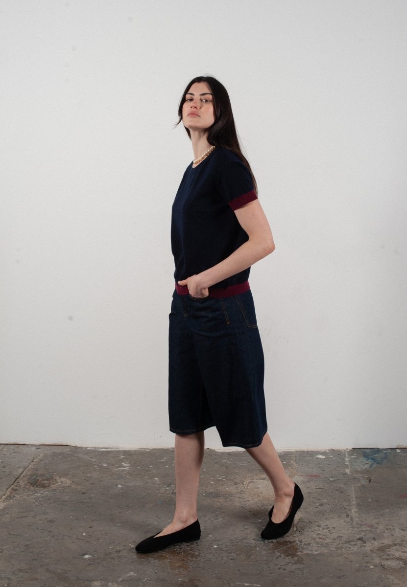 T shirt col rond manches courtes femme en cachemire & laine ultrafin bleu marine & rouge bordeaux - KELLY 1 - Studio cashmere8