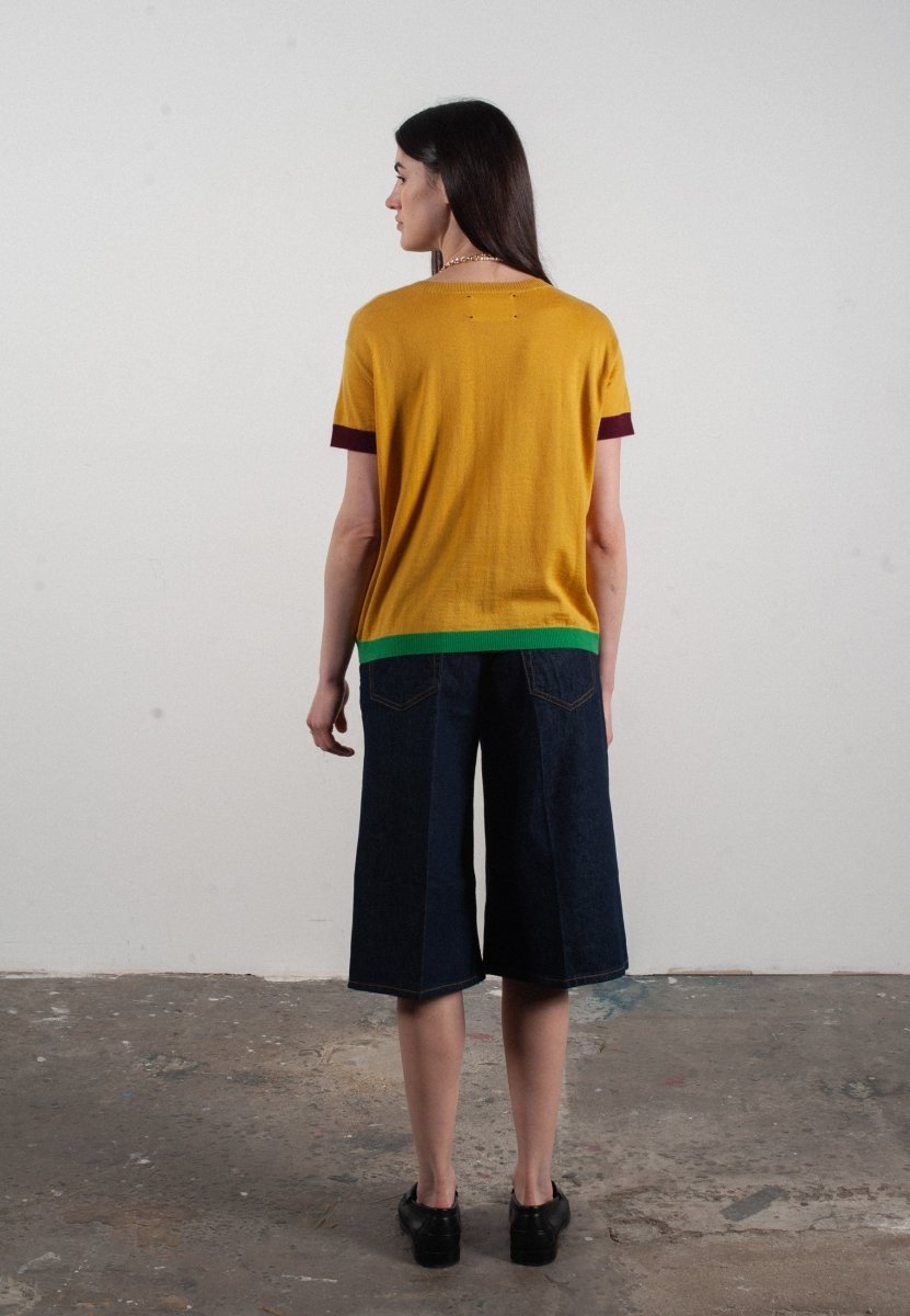 T shirt col rond manches courtes femme en cachemire & laine ultrafin jaune & rouge bordeaux & vert - KELLY 8 - Studio cashmere8