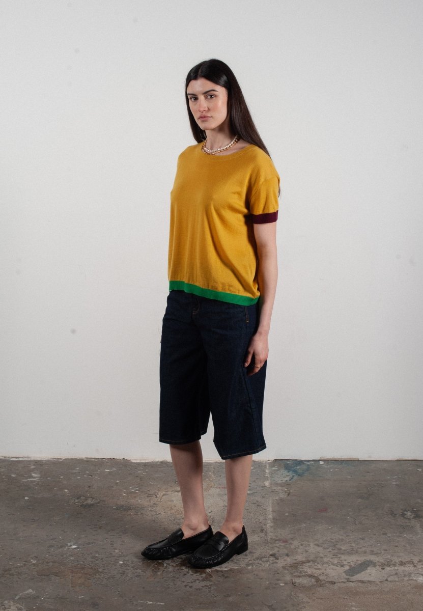 T shirt col rond manches courtes femme en cachemire & laine ultrafin jaune & rouge bordeaux & vert - KELLY 8 - Studio cashmere8