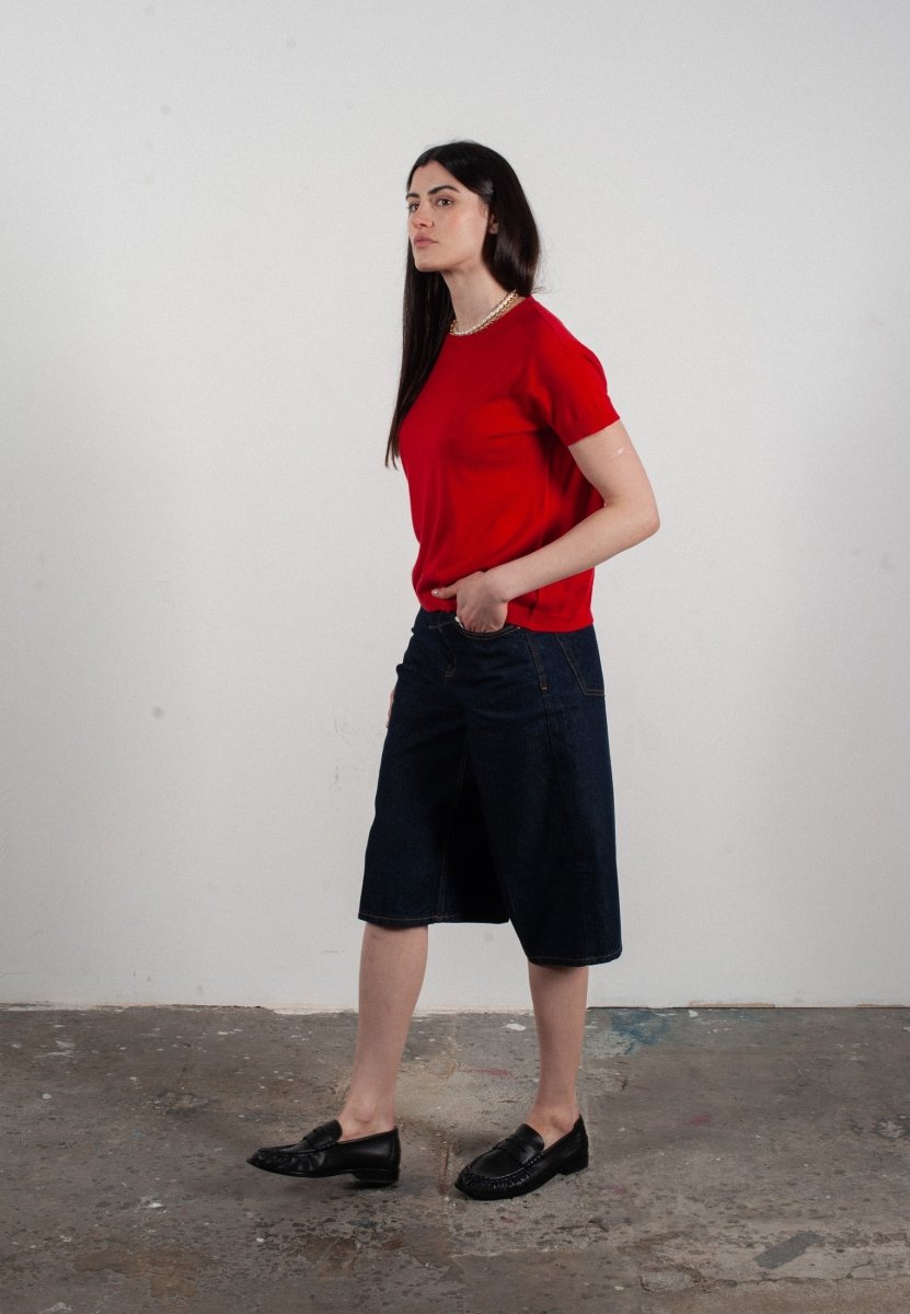 T-shirt col rond manches courtes femme en cachemire & laine ultrafin rouge - KELLY 1