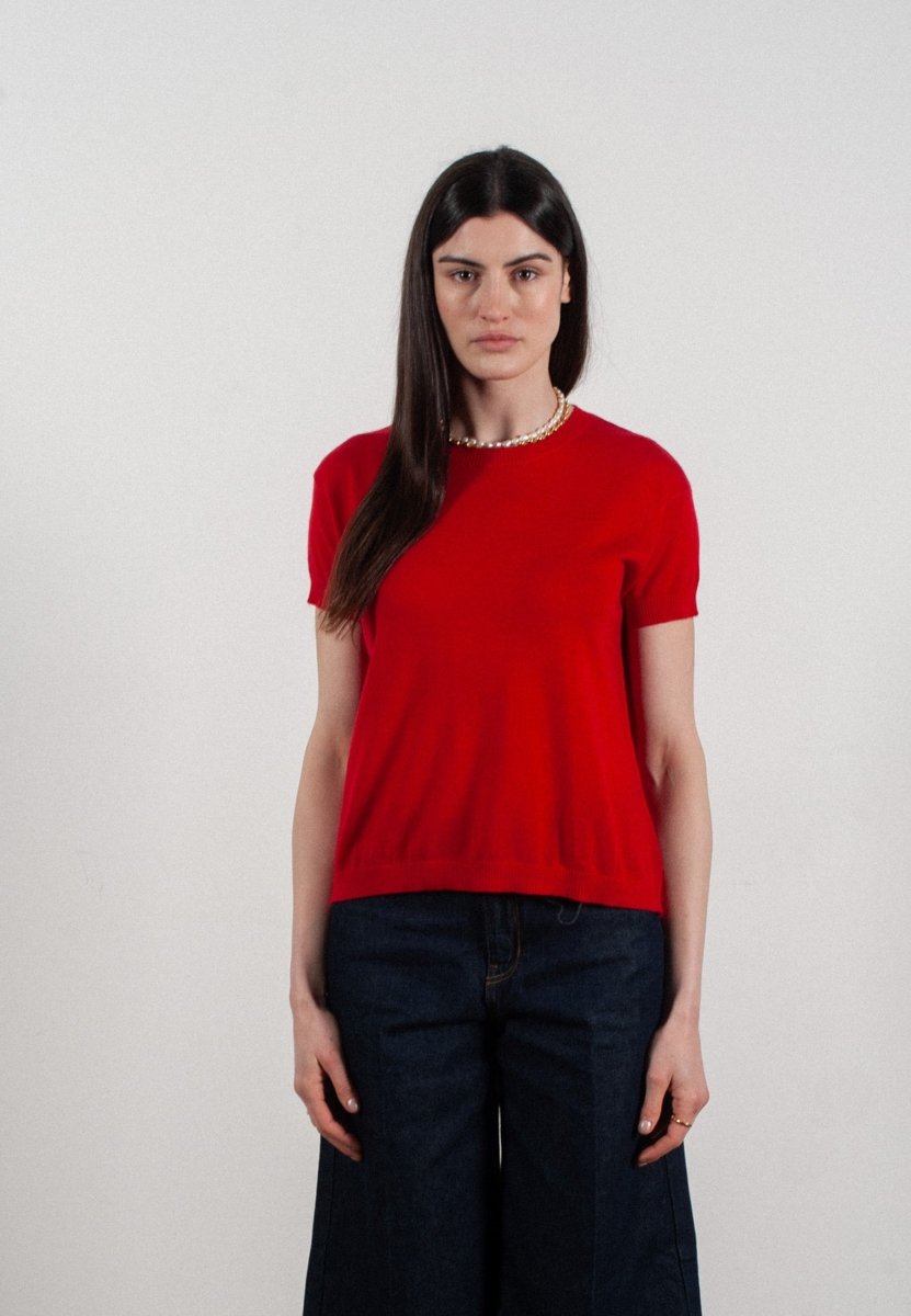 T-shirt col rond manches courtes femme en cachemire & laine ultrafin rouge - KELLY 1