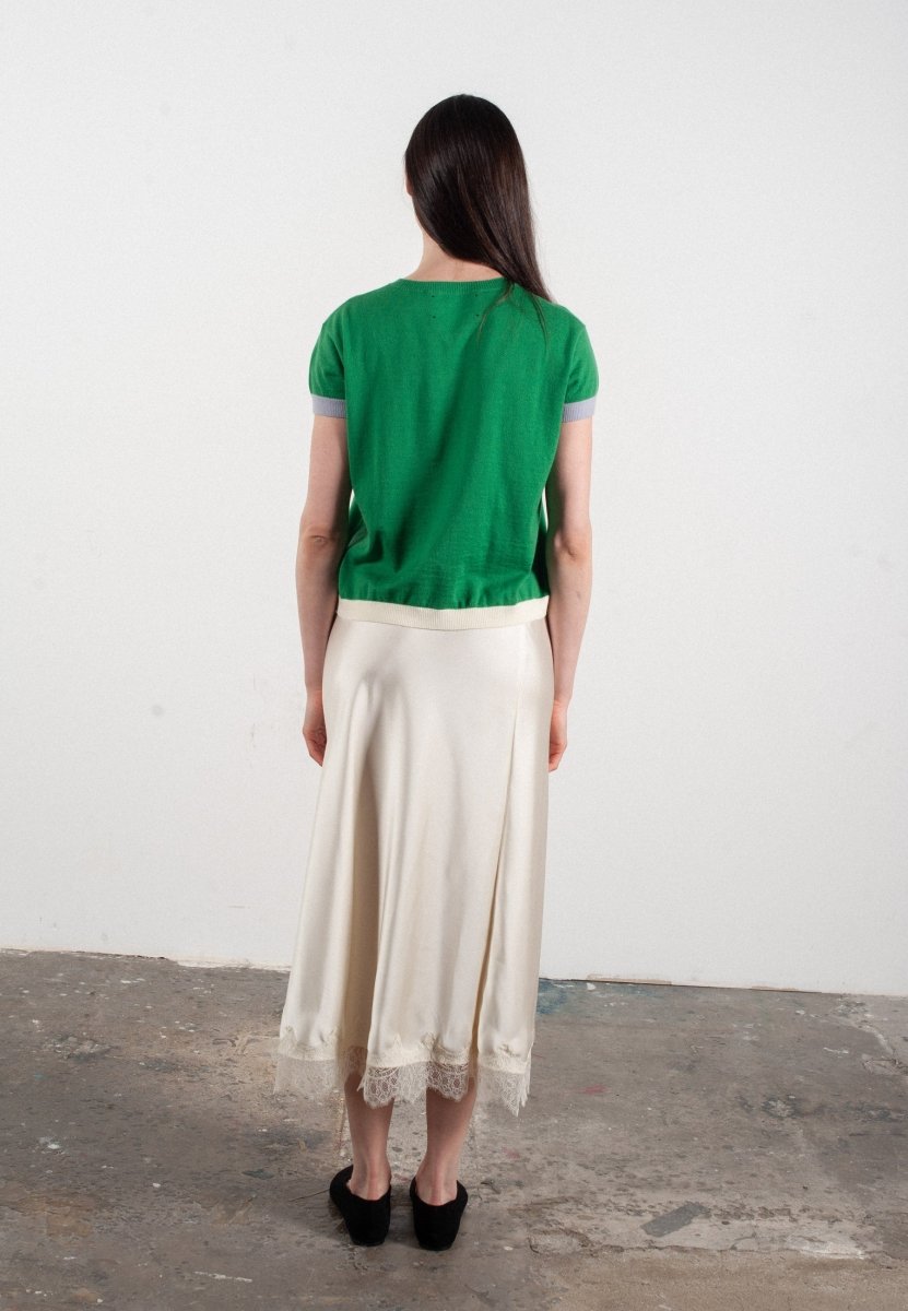 T shirt col rond manches courtes femme en cachemire & laine ultrafin vert & lavande & blanc - KELLY 8 - Studio cashmere8