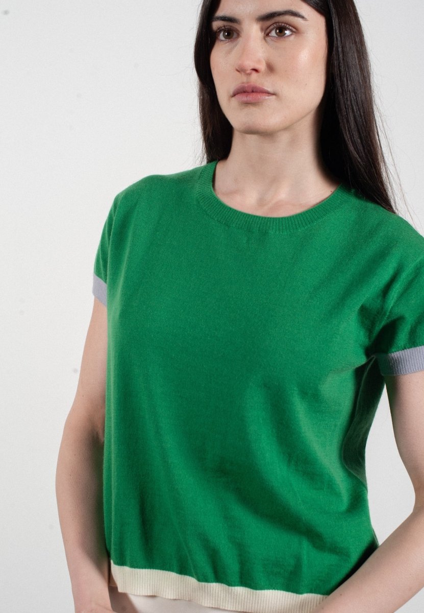 T shirt col rond manches courtes femme en cachemire & laine ultrafin vert & lavande & blanc - KELLY 8 - Studio cashmere8