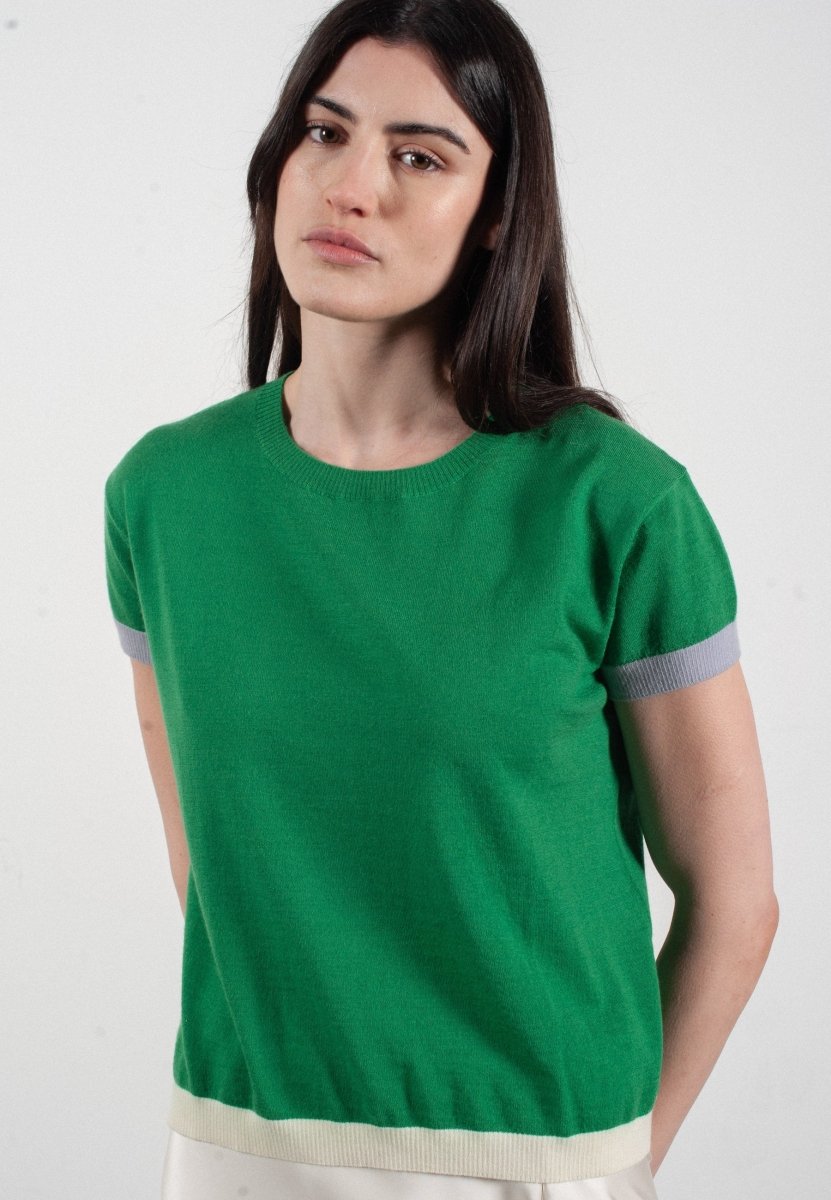 T shirt col rond manches courtes femme en cachemire & laine ultrafin vert & lavande & blanc - KELLY 8 - Studio cashmere8