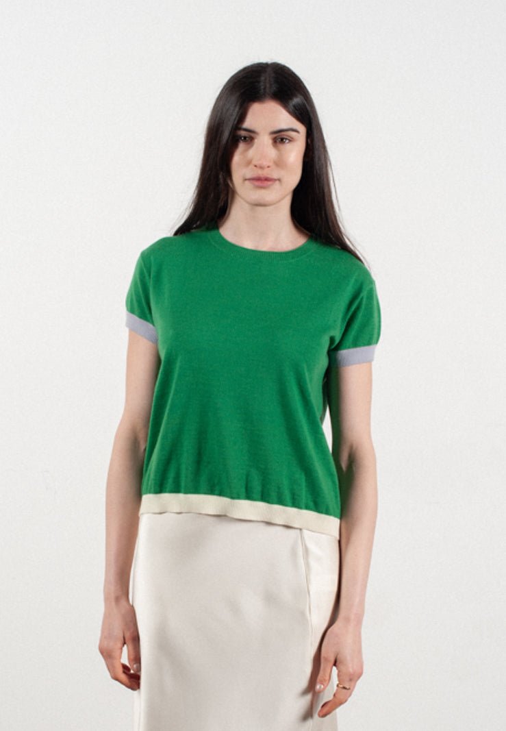 T shirt col rond manches courtes femme en cachemire & laine ultrafin vert & lavande & blanc - KELLY 8 - Studio cashmere8