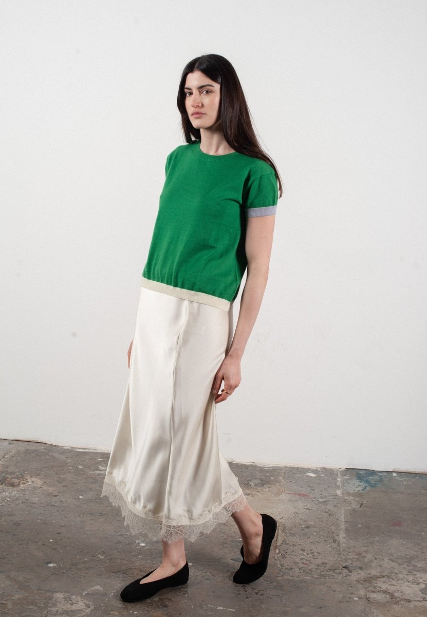 T shirt col rond manches courtes femme en cachemire & laine ultrafin vert & lavande & blanc - KELLY 8 - Studio cashmere8