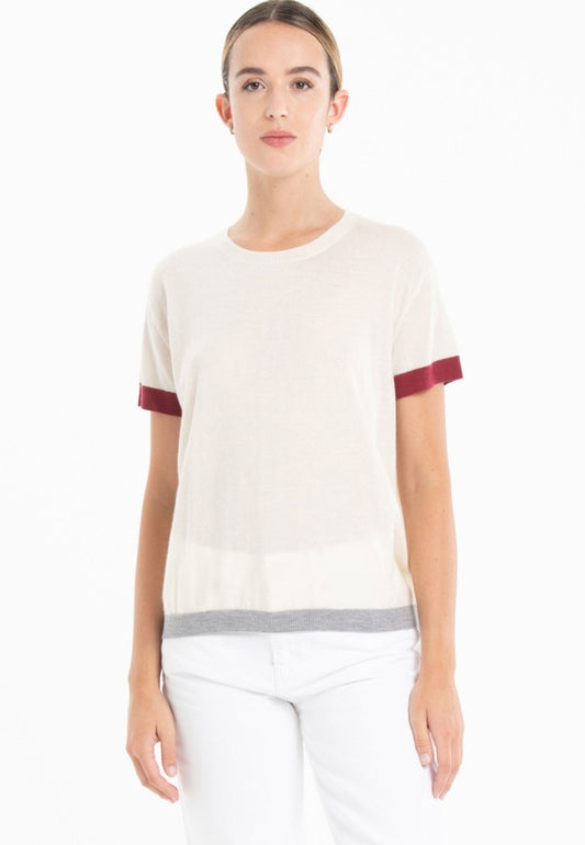 T-shirt col rond tricolore ultrafin cachemire et laine blanc/rouge/gris femme - KELLY 8 - Studio cashmere8
